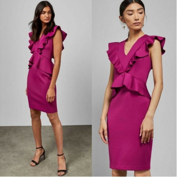 Ted Baker London Alair Pink Ruffle Peplum Dress 0 2 NWT